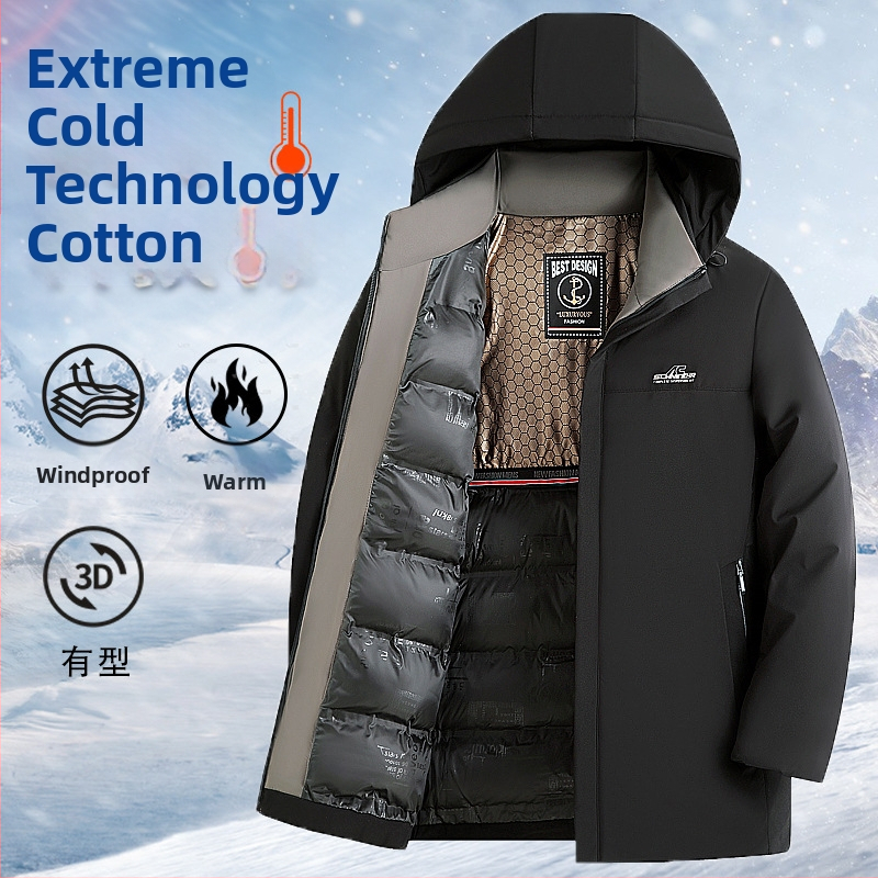 Palton bărbătesc căptușit din bumbac pentru iarnă, croială lejeră, glugă, fermoar, lungime medie