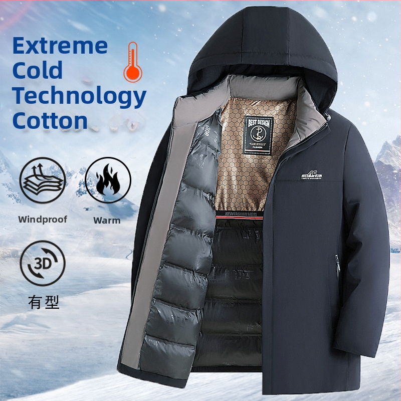 Palton bărbătesc căptușit din bumbac pentru iarnă, croială lejeră, glugă, fermoar, lungime medie