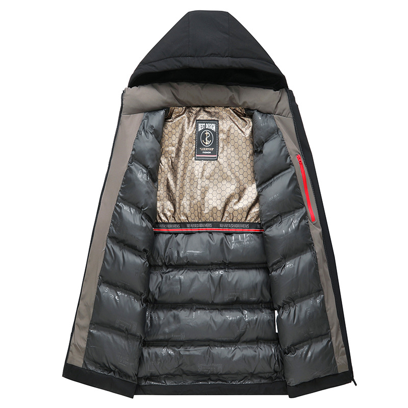 Palton bărbătesc căptușit din bumbac pentru iarnă, croială lejeră, glugă, fermoar, lungime medie