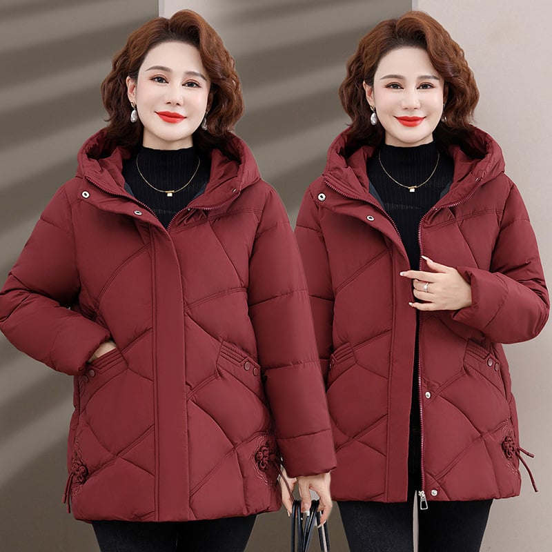 Дамско памучно-пухено яке, средно дълго, качулка, цип, пълнено с пух-памук, полиестерна материя, елегантно градско зимно яке