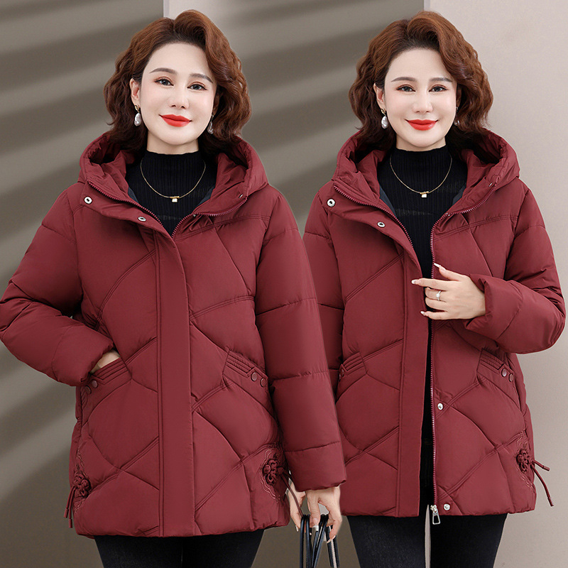 Дамско памучно-пухено яке, средно дълго, качулка, цип, пълнено с пух-памук, полиестерна материя, елегантно градско зимно яке