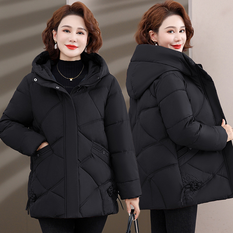 Дамско памучно-пухено яке, средно дълго, качулка, цип, пълнено с пух-памук, полиестерна материя, елегантно градско зимно яке