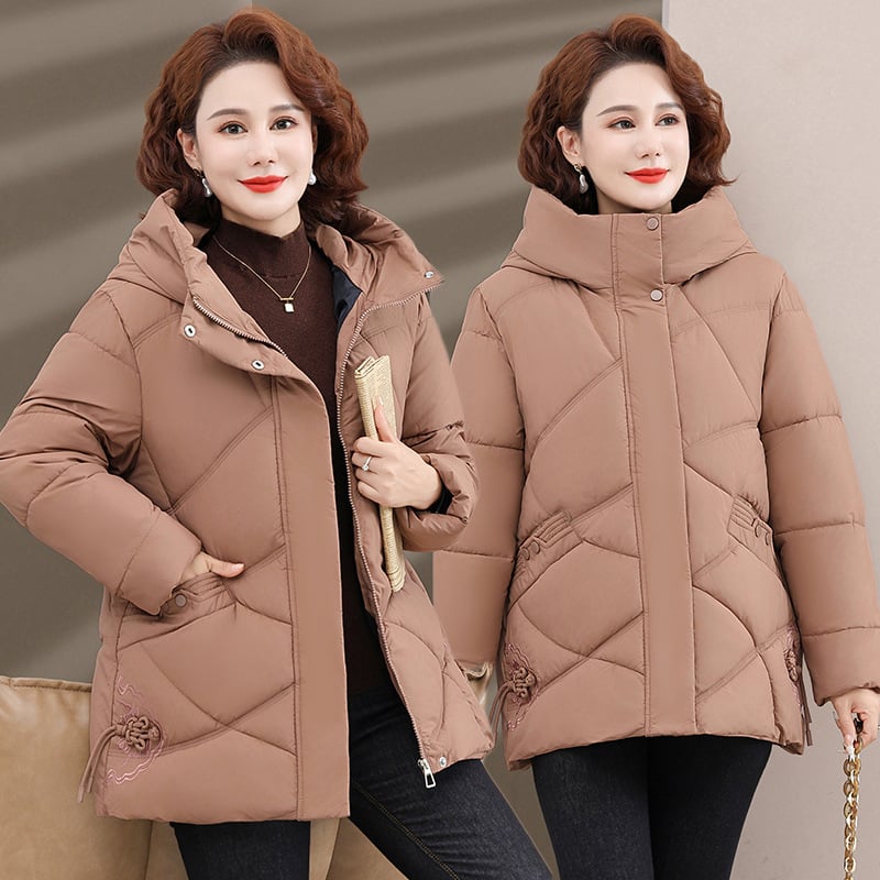 Дамско памучно-пухено яке, средно дълго, качулка, цип, пълнено с пух-памук, полиестерна материя, елегантно градско зимно яке