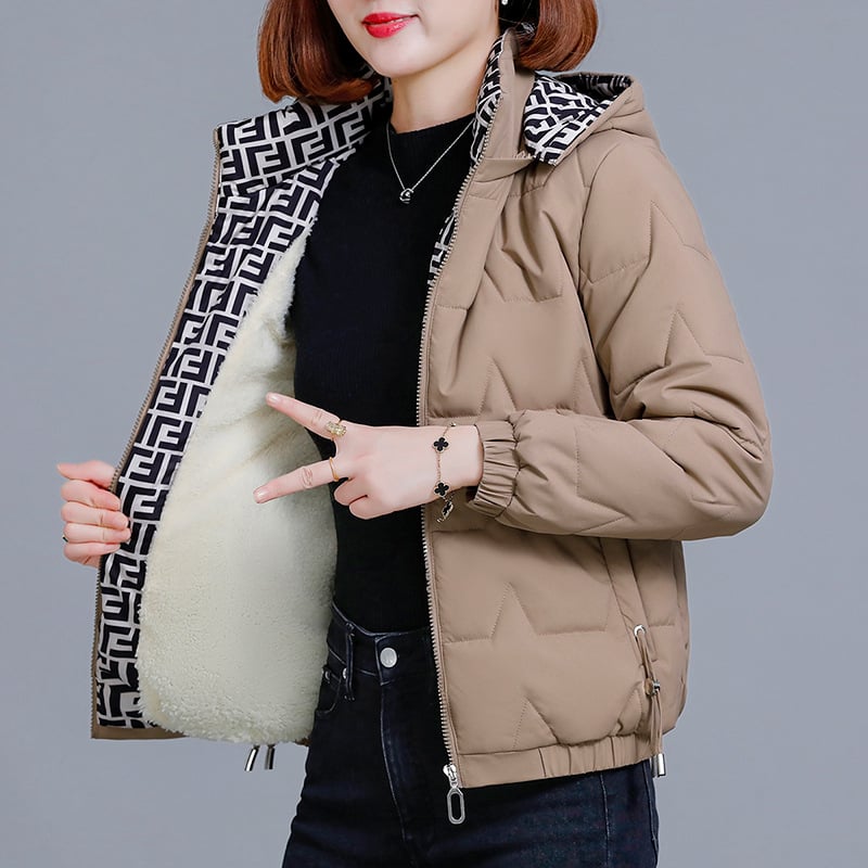 Dámska bavlnená zateplená bunda s fleecovou podšívkou, stredná dĺžka, kapucňa, zips, výplň polyestér-bavlna