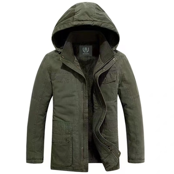 Ανδρικό χειμερινό παλτό από βαμβάκι με φλις επένδυση, κουκούλα, χαλαρή γραμμή, φερμουάρ και πολλές τσέπες.