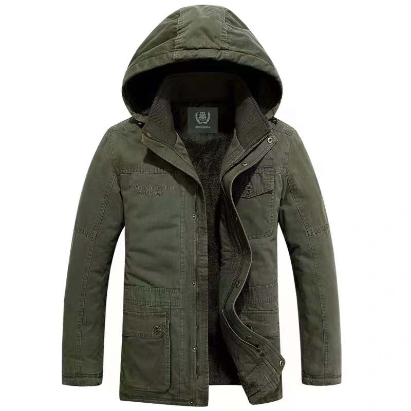 Ανδρικό χειμερινό παλτό από βαμβάκι με φλις επένδυση, κουκούλα, χαλαρή γραμμή, φερμουάρ και πολλές τσέπες.