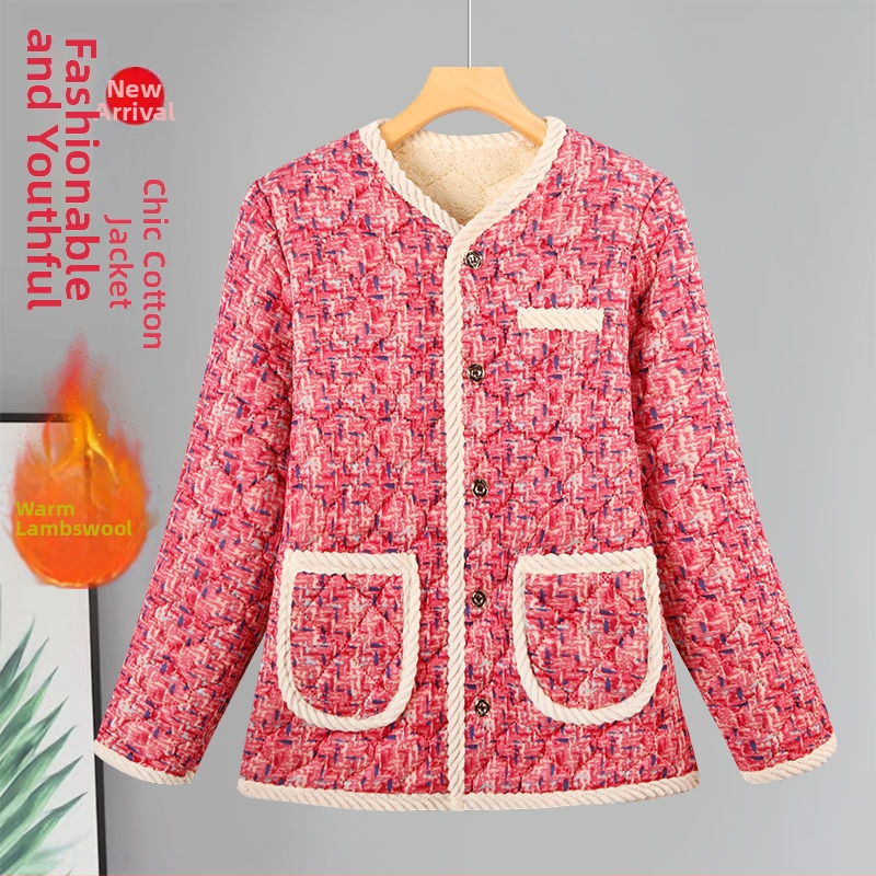 Nova ženska zimska jakna od pamuka, inspirirana Chanel stilom, s fleece podstavom i dodatnom debljinom, elegantna kućna odjeća za zrelu ženu