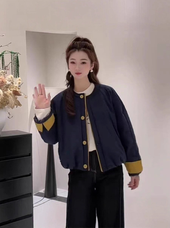 Jachetă scurtă din bumbac, stil coreean, cu căptușeală fleece, grosime mare, material poliester 95%+, închidere cu nasturi într-un singur rând