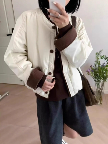 Jachetă scurtă din bumbac, stil coreean, cu căptușeală fleece, grosime mare, material poliester 95%+, închidere cu nasturi într-un singur rând