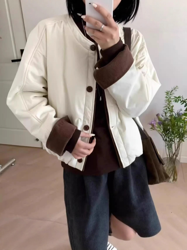 Jachetă scurtă din bumbac, stil coreean, cu căptușeală fleece, grosime mare, material poliester 95%+, închidere cu nasturi într-un singur rând