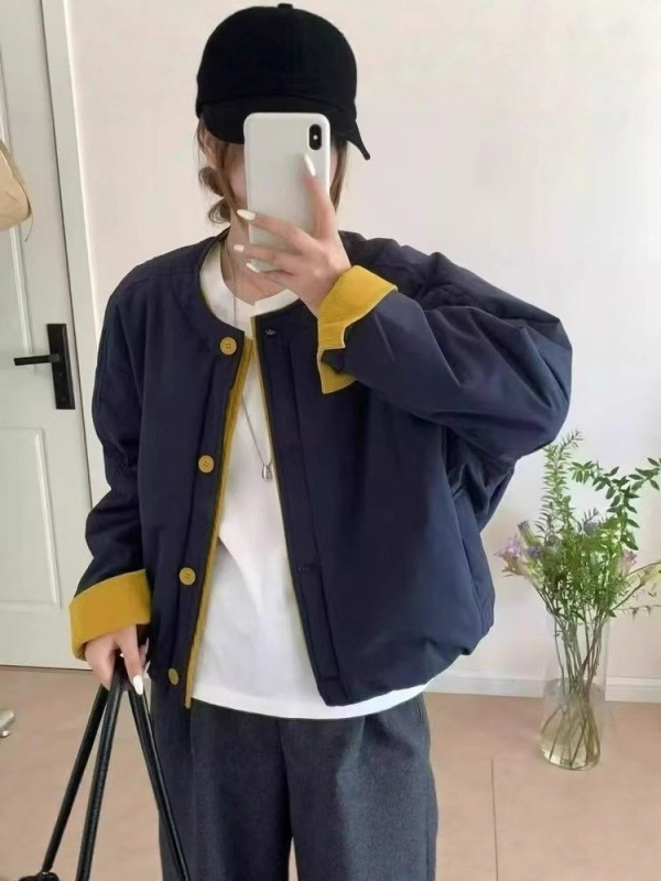 Jachetă scurtă din bumbac, stil coreean, cu căptușeală fleece, grosime mare, material poliester 95%+, închidere cu nasturi într-un singur rând