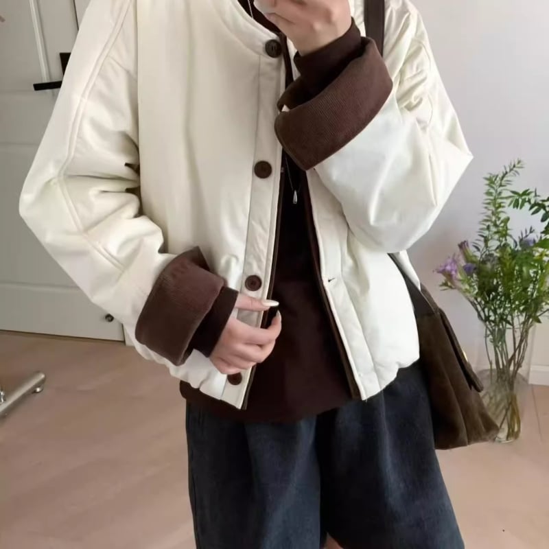 Jachetă scurtă din bumbac, stil coreean, cu căptușeală fleece, grosime mare, material poliester 95%+, închidere cu nasturi într-un singur rând