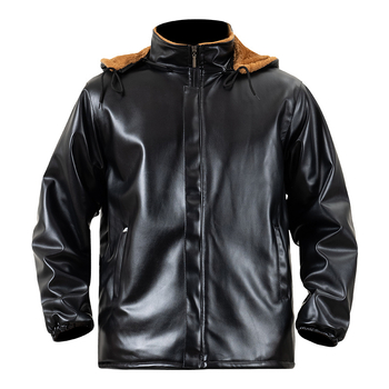 Мъжки кожен комплект: PU кожа, яке и панталони, със сваляща се качулка, подплатено с флийс, зимно работно облекло