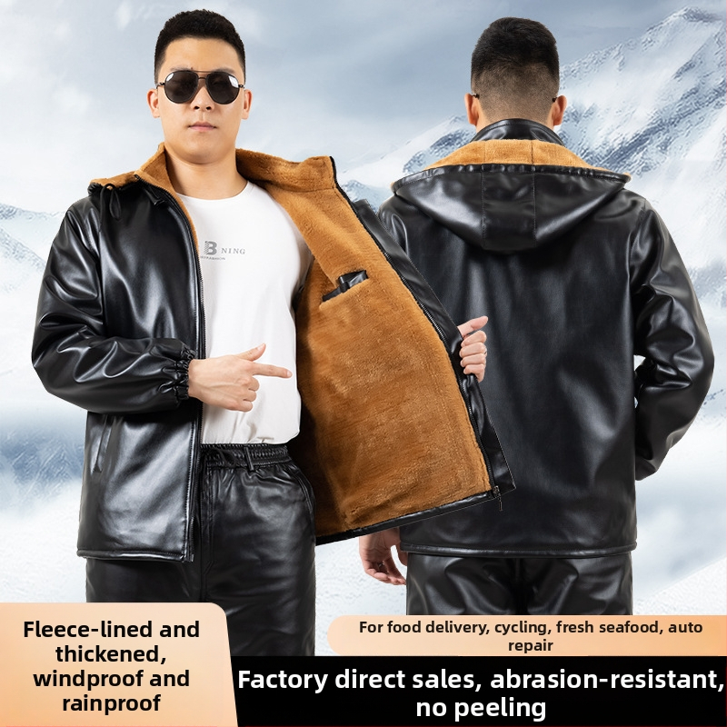 Мъжки кожен комплект: PU кожа, яке и панталони, със сваляща се качулка, подплатено с флийс, зимно работно облекло