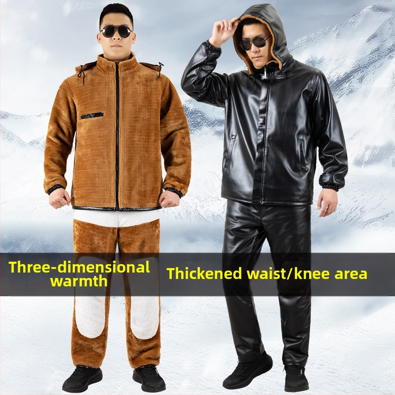 Мъжки кожен комплект: PU кожа, яке и панталони, със сваляща се качулка, подплатено с флийс, зимно работно облекло