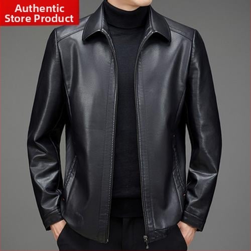 PU δερμάτινο μπουφάν για μεσήλικους άνδρες, χειμωνιάτικη επένδυση φλίς, φερμουάρ, γιακά τύπου πέτο, άνετη γραμμή
