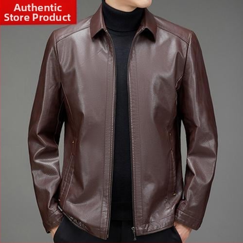PU δερμάτινο μπουφάν για μεσήλικους άνδρες, χειμωνιάτικη επένδυση φλίς, φερμουάρ, γιακά τύπου πέτο, άνετη γραμμή