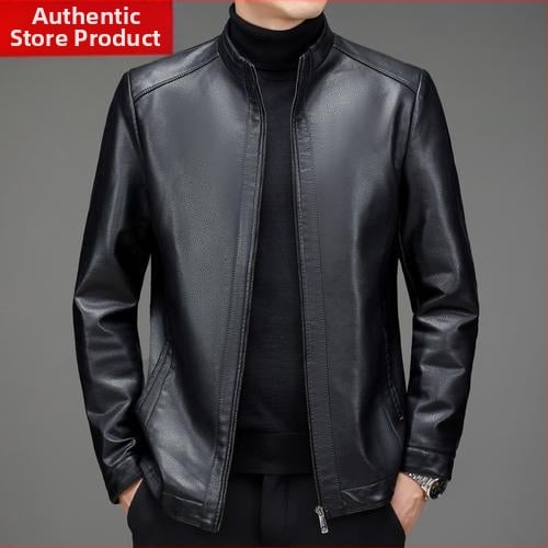 PU δερμάτινο μπουφάν για μεσήλικους άνδρες, χειμωνιάτικη επένδυση φλίς, φερμουάρ, γιακά τύπου πέτο, άνετη γραμμή
