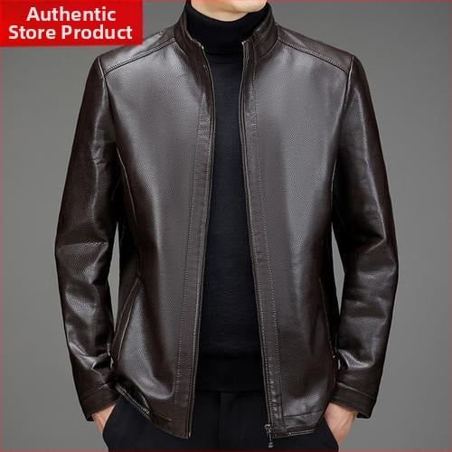PU δερμάτινο μπουφάν για μεσήλικους άνδρες, χειμωνιάτικη επένδυση φλίς, φερμουάρ, γιακά τύπου πέτο, άνετη γραμμή