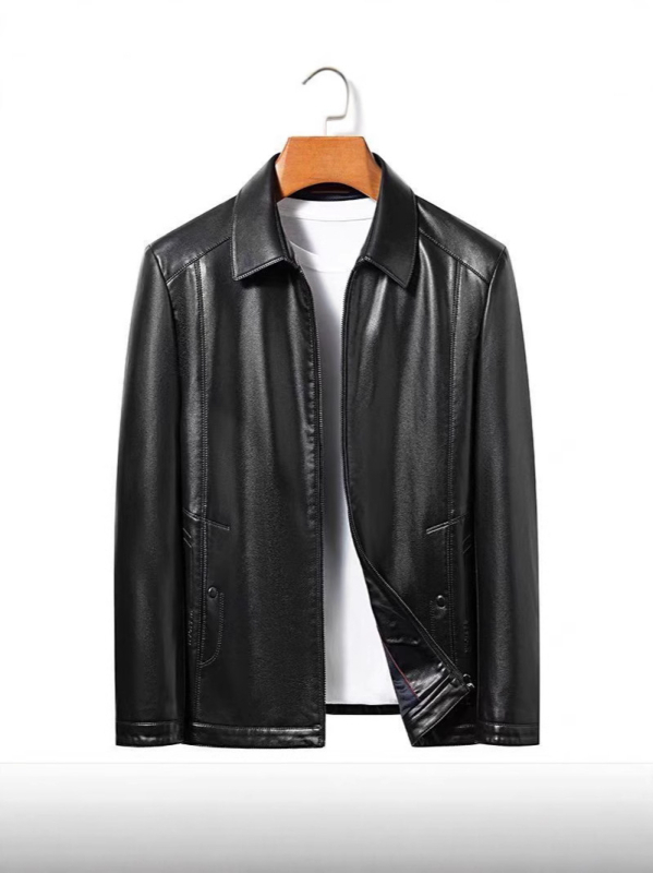 PU δερμάτινο μπουφάν για μεσήλικους άνδρες, χειμωνιάτικη επένδυση φλίς, φερμουάρ, γιακά τύπου πέτο, άνετη γραμμή