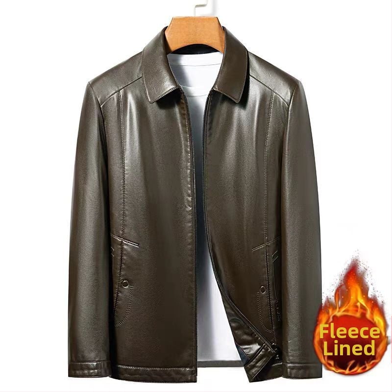 PU δερμάτινο μπουφάν για μεσήλικους άνδρες, χειμωνιάτικη επένδυση φλίς, φερμουάρ, γιακά τύπου πέτο, άνετη γραμμή