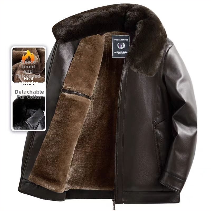 PU δερμάτινο μπουφάν για μεσήλικους άνδρες, χειμωνιάτικη επένδυση φλίς, φερμουάρ, γιακά τύπου πέτο, άνετη γραμμή