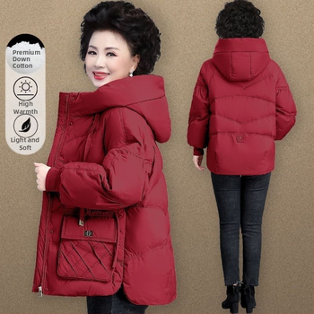 Plus-size krátka bunda s výplňou zo silk cotton pre ženy stredného veku, polo golier, stredná dĺžka 65–80 cm
