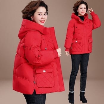 Plus-size krátka bunda s výplňou zo silk cotton pre ženy stredného veku, polo golier, stredná dĺžka 65–80 cm