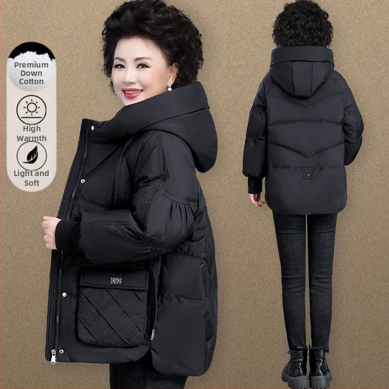 Plus-size krátka bunda s výplňou zo silk cotton pre ženy stredného veku, polo golier, stredná dĺžka 65–80 cm