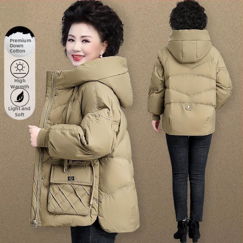 Plus-size krátka bunda s výplňou zo silk cotton pre ženy stredného veku, polo golier, stredná dĺžka 65–80 cm