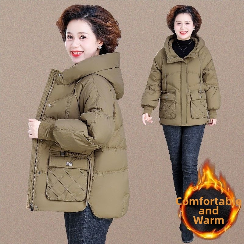 Plus-size krátka bunda s výplňou zo silk cotton pre ženy stredného veku, polo golier, stredná dĺžka 65–80 cm