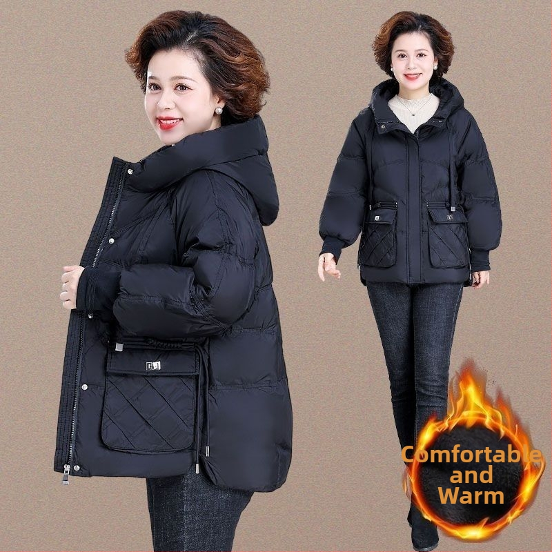 Plus-size krátka bunda s výplňou zo silk cotton pre ženy stredného veku, polo golier, stredná dĺžka 65–80 cm