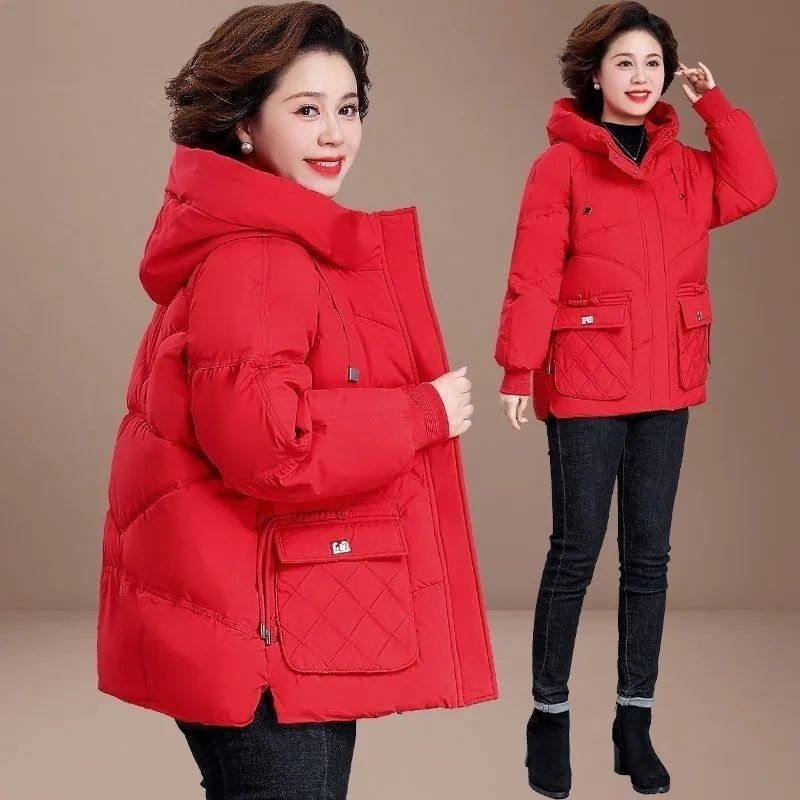 Plus-size krátka bunda s výplňou zo silk cotton pre ženy stredného veku, polo golier, stredná dĺžka 65–80 cm