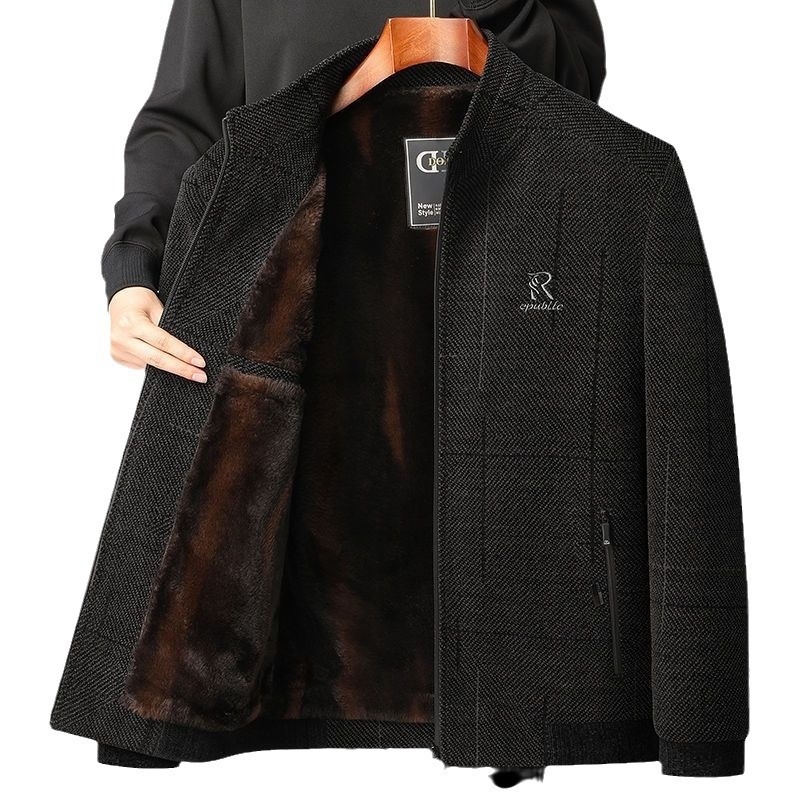 Geacă bărbați Chenille cu căptușeală fleece, închidere cu fermoar, model floral, buzunare cu fermoar, căldură de iarnă