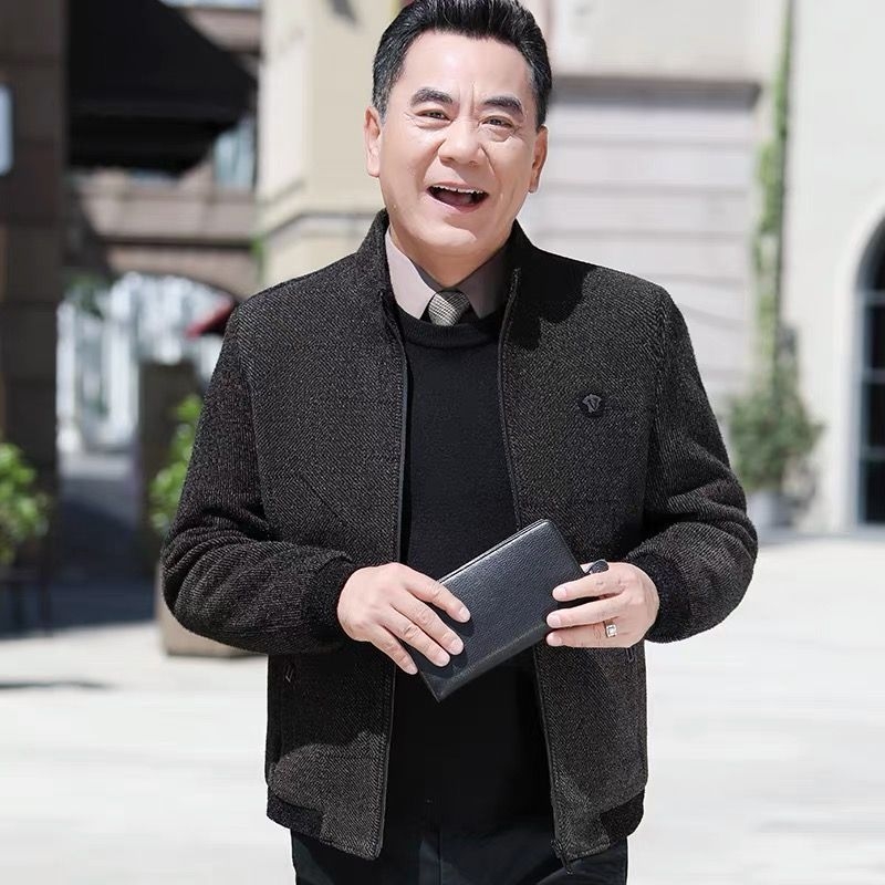 Geacă bărbați Chenille cu căptușeală fleece, închidere cu fermoar, model floral, buzunare cu fermoar, căldură de iarnă