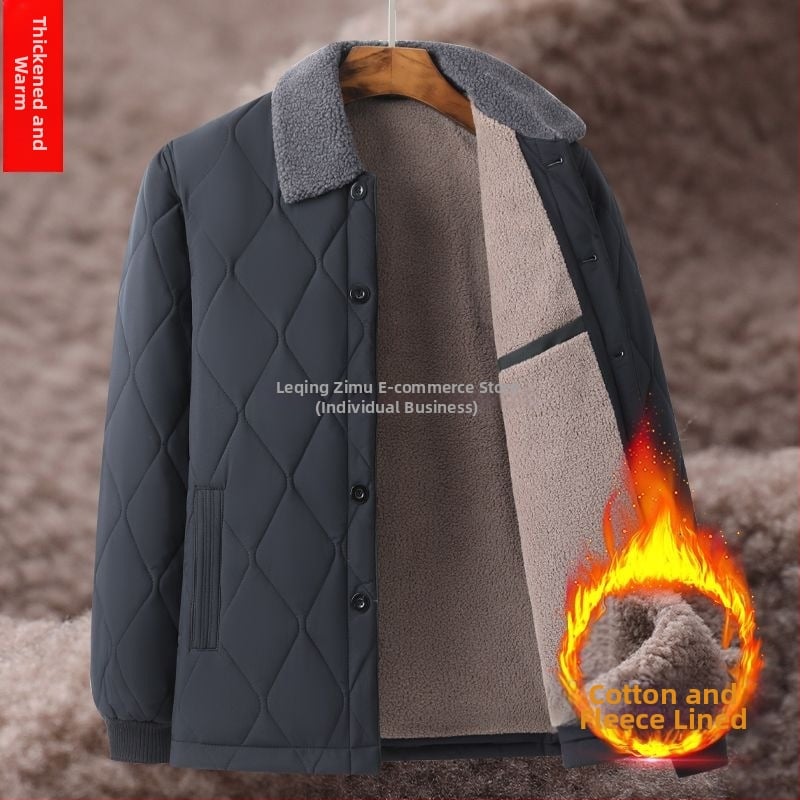 Zimska debela muška jakna s punjenjem od ovčje vune, stojeći ovratnik, zip, fleece podstava, džepovi s patch-ima, toplo i izdržljivo