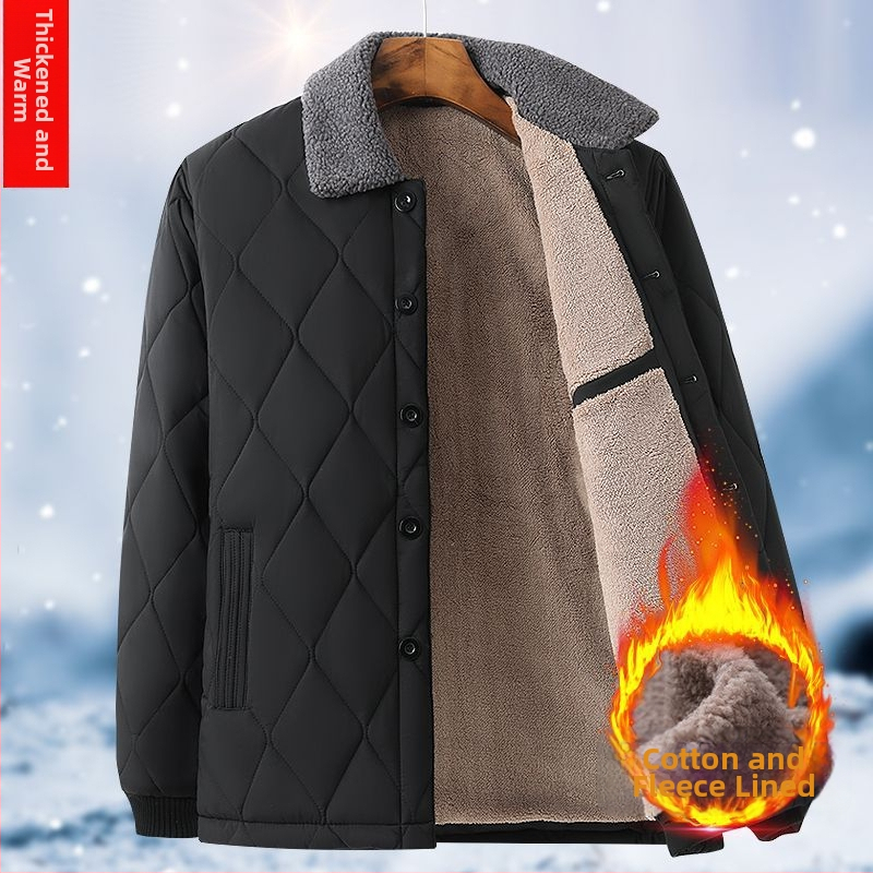 Zimska debela muška jakna s punjenjem od ovčje vune, stojeći ovratnik, zip, fleece podstava, džepovi s patch-ima, toplo i izdržljivo