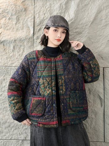 Zimska dvostrano nosiva pamučna jakna s retro floralnim printom, udoban labav kroj, model 2025