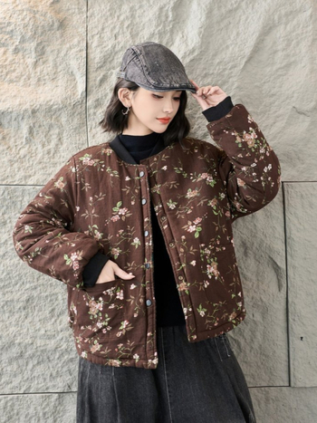 Zimska dvostrano nosiva pamučna jakna s retro floralnim printom, udoban labav kroj, model 2025