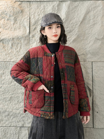 Zimska dvostrano nosiva pamučna jakna s retro floralnim printom, udoban labav kroj, model 2025