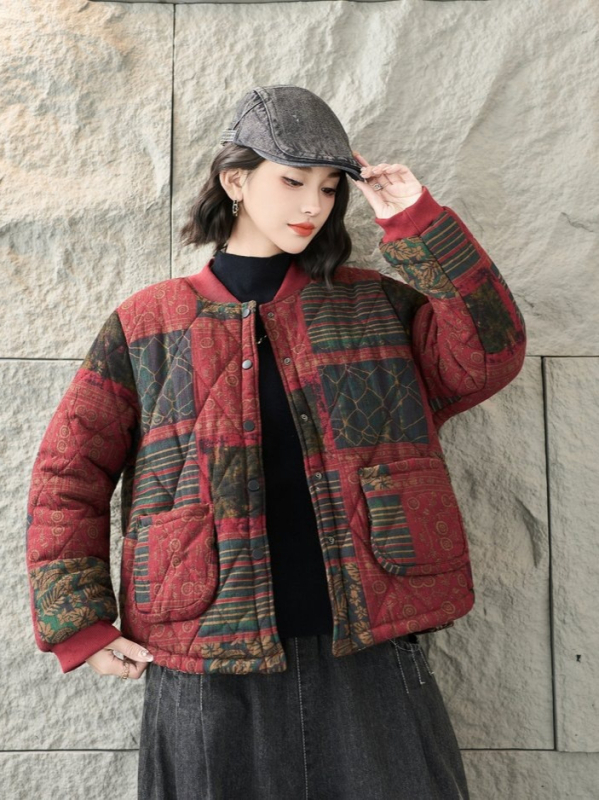 Zimska dvostrano nosiva pamučna jakna s retro floralnim printom, udoban labav kroj, model 2025