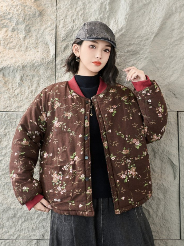 Zimska dvostrano nosiva pamučna jakna s retro floralnim printom, udoban labav kroj, model 2025