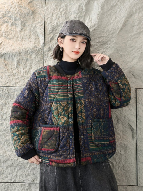 Zimska dvostrano nosiva pamučna jakna s retro floralnim printom, udoban labav kroj, model 2025