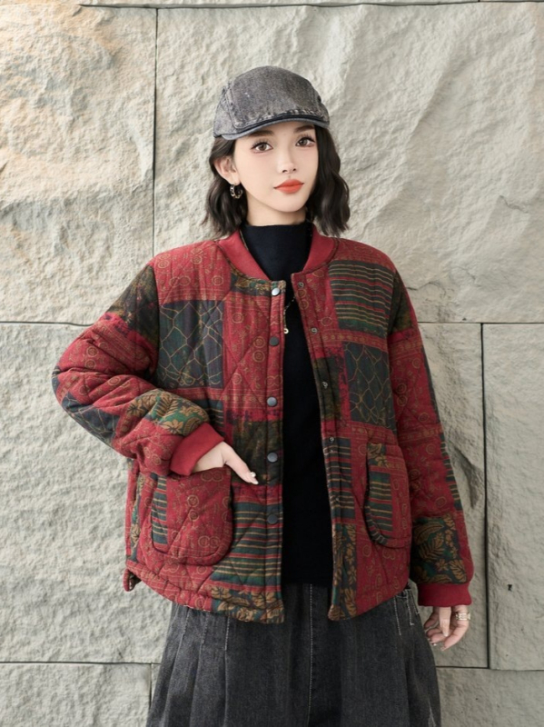 Zimska dvostrano nosiva pamučna jakna s retro floralnim printom, udoban labav kroj, model 2025