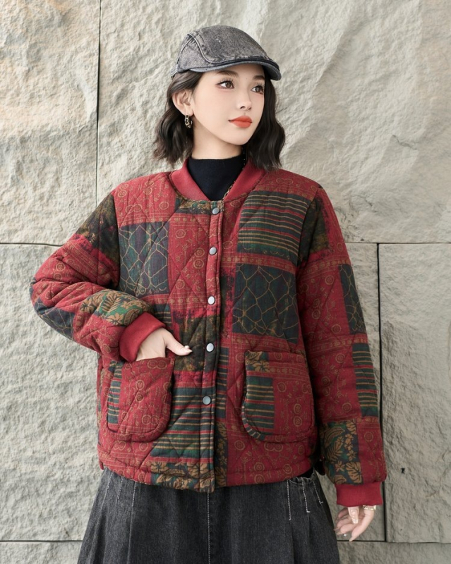 Zimska dvostrano nosiva pamučna jakna s retro floralnim printom, udoban labav kroj, model 2025