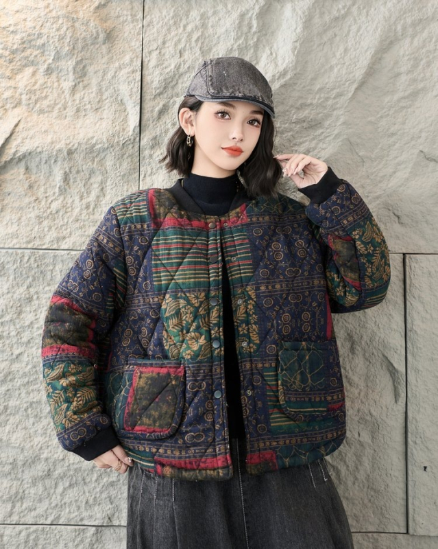 Zimska dvostrano nosiva pamučna jakna s retro floralnim printom, udoban labav kroj, model 2025