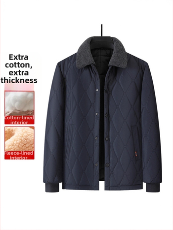 Bavlnená prešívaná bunda, výplň: imitácia hodvábno-pamäť, golier Lapel, zapínanie jedným gombom, voľný strih