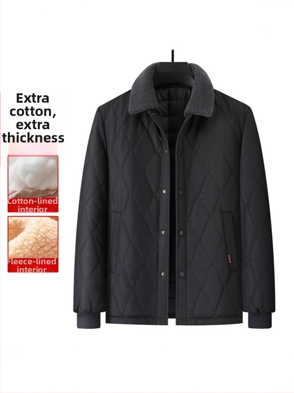 Bavlnená prešívaná bunda, výplň: imitácia hodvábno-pamäť, golier Lapel, zapínanie jedným gombom, voľný strih