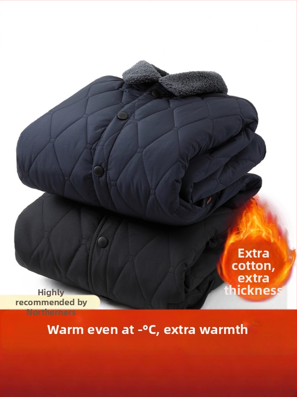 Bavlnená prešívaná bunda, výplň: imitácia hodvábno-pamäť, golier Lapel, zapínanie jedným gombom, voľný strih