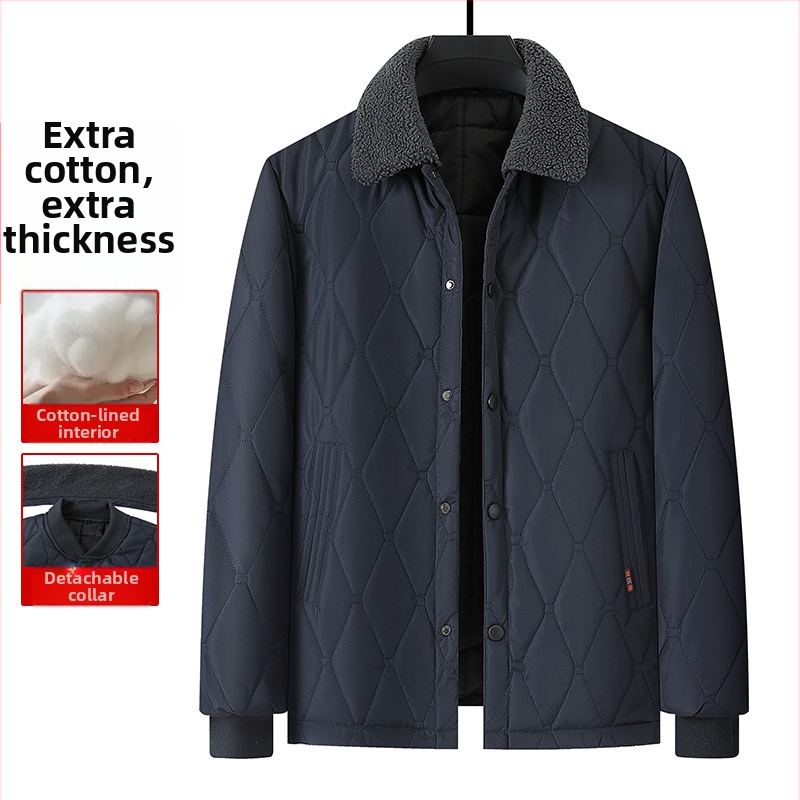 Bavlnená prešívaná bunda, výplň: imitácia hodvábno-pamäť, golier Lapel, zapínanie jedným gombom, voľný strih